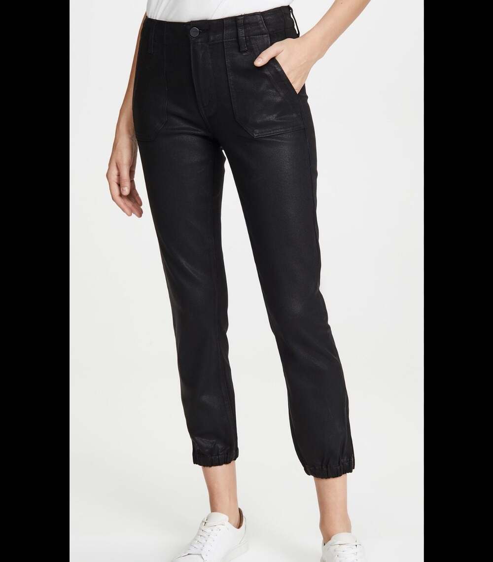 PAIGE Mayslie Women's Black Coated Denim Jogger Pants with Jeans Zipper Hem 27